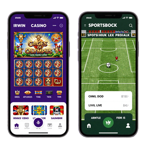 Irwin Casino App auf iPhone und Android Smartphone mit Slots und Sportwetten Interface